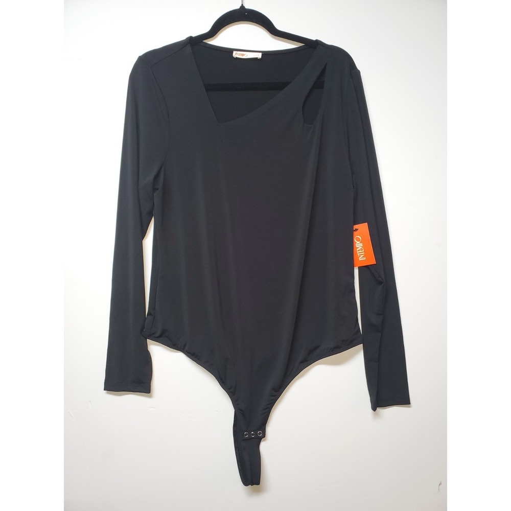 Intempo Cutout Bodysuit‎ Womens  Size 1X Silky Soft Blk Long Sleeve NEW $41